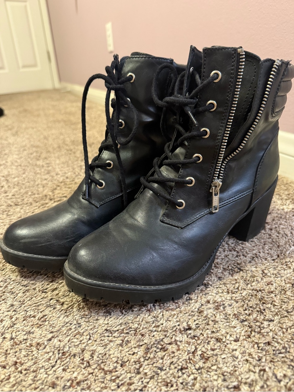 Black Lace-Up Block Heel Ankle Boots
